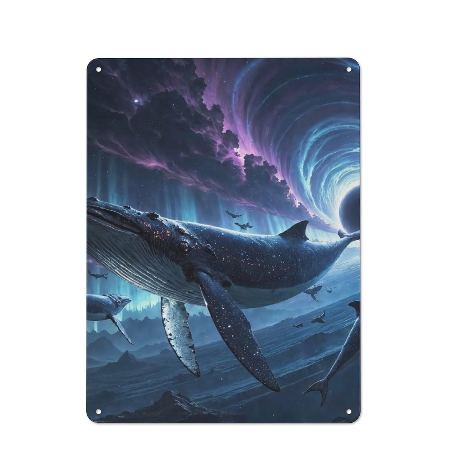 Metal Wall Sign 40x30cm Featuring Whales in Space for Workshop Wall, for Room Styling Across Workshops And Hobby Rooms