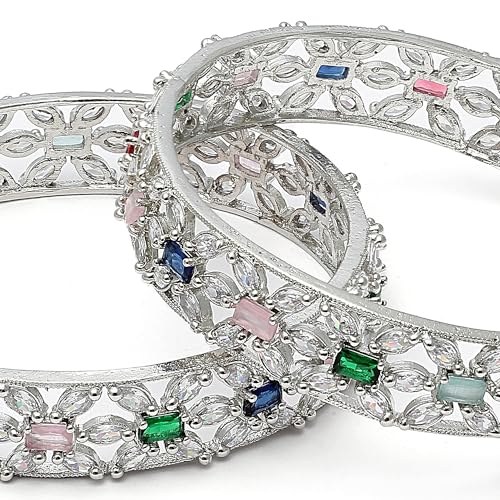 Rhodium-Plated Silver Toned American Diamond Bangle Set
