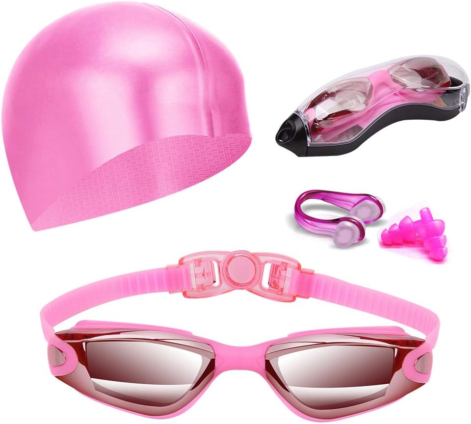 Swim Goggles, Swimming Goggles Anti-Fog UV Protection Coated Lens No Leaking with Swim Cap,Nose Clip,Earplugs,Case for Men Women Adult Youth Kids