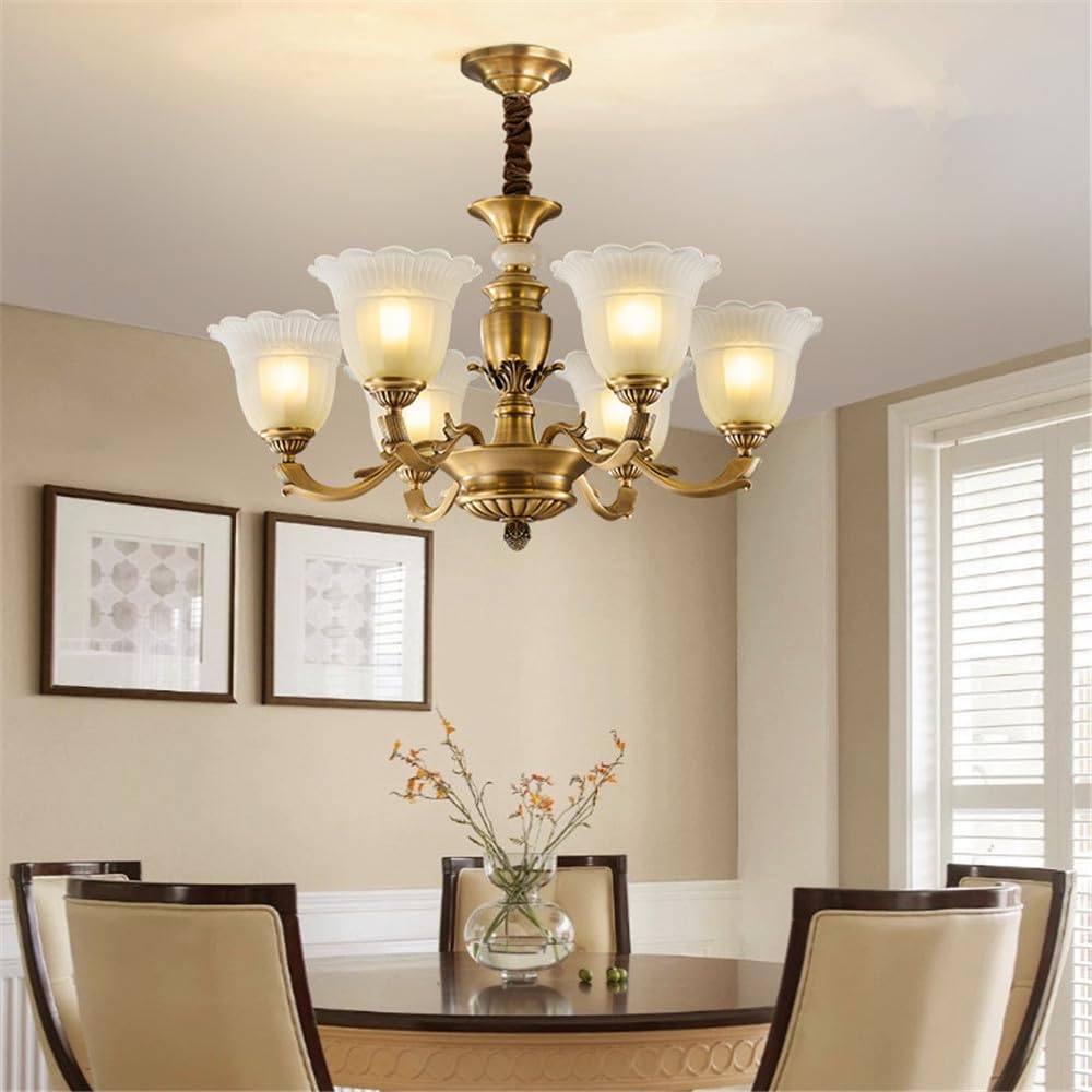 HXYSXHJUO American Brass Pendent Lamp European Luxurious Living Room Dining Bedroom Villa Hotel Sample Chandelier (H 6 Lights)