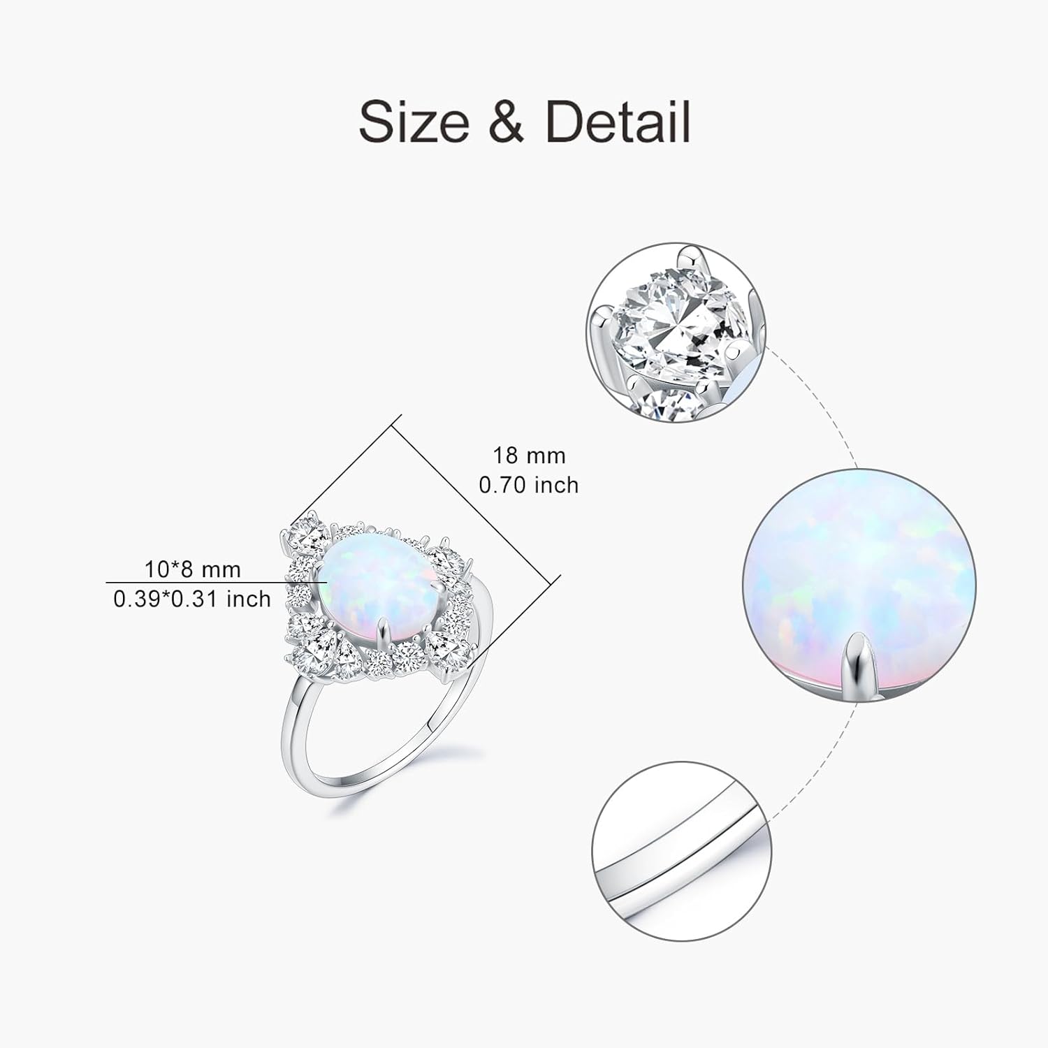 3 Carat Oval Opal Ring S925 Sterling Silver Dainty White Opal with Cubic Zirconia Ring Anniversary Birthday Mother's Day Gift for Women Wife