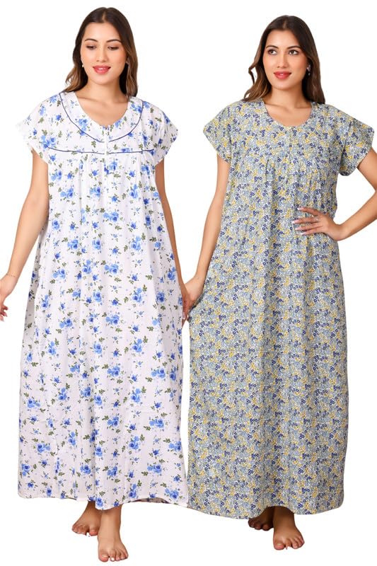 Combo of 2 Women’s Cotton Nighty with Lace Design | Comfortable Printed Nightwear for Ladies | Soft Cotton Maxi Night Dress Set Multicolor-image-40