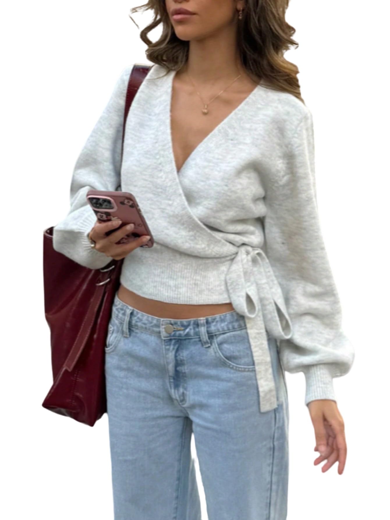 GORGLITTER Damen Pullover Elegant Wickelpullover mit Knoten Tiefer V Ausschitt Strickpullover Langarm Wintepullover Einfarbig Damenpullover