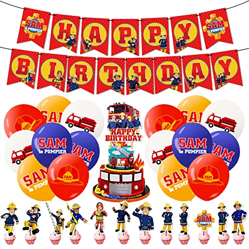 Feuerwehrmann Sam Geburtstag Dekoration Set Luftballons Happy Birthday Banner Kuchen-Toppers Latexballon Supplies für Kinder Baby Party Geburtstag Party Kuchen Dekoration Supplies Cover