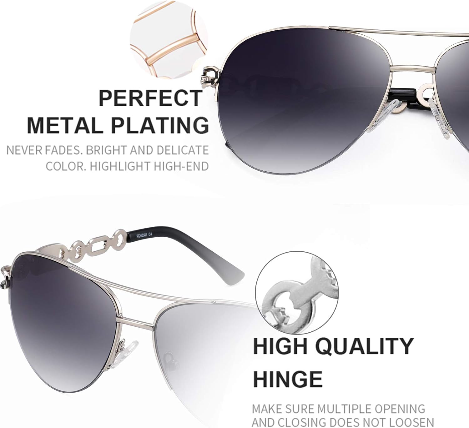 FENCHI Classic Aviator Sunglasses for Women Mirrored Lens Chain Arms Half Rim Metal Frame Sun Glasses UV 400 Protection 60mm - Image 3
