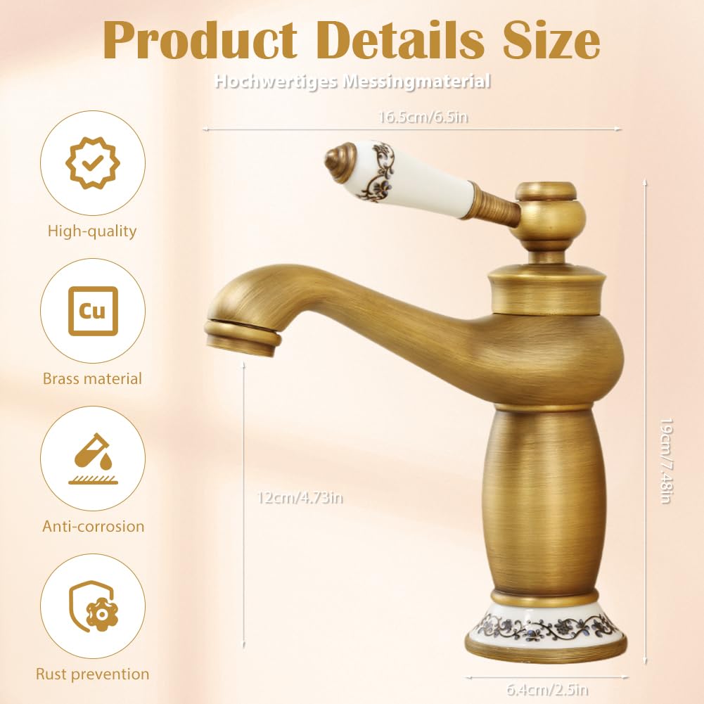 Robinet Salle de Bain Rétro, Robinet Salle Bain Laiton, Monocommande Mitigeur Lavabo, Rétro Mitigeur Cou Vintage Floral, Chaude et Froide Réglable, Pour WC, Cuisine (Doré)