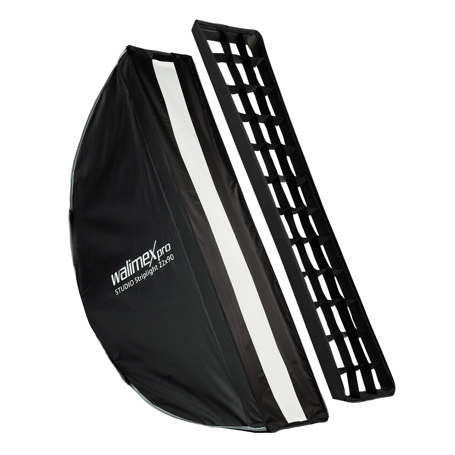 Walimex pro Studio Striplight Softbox 22 x 90 cm, Lichtformer um 360° drehbar, einfacher Aufbau dank Schirmfunktion, inkl. Grid, Maske, Bowens Adapter u. Tasche, ideal für Produkt- u. Peoplefotografie