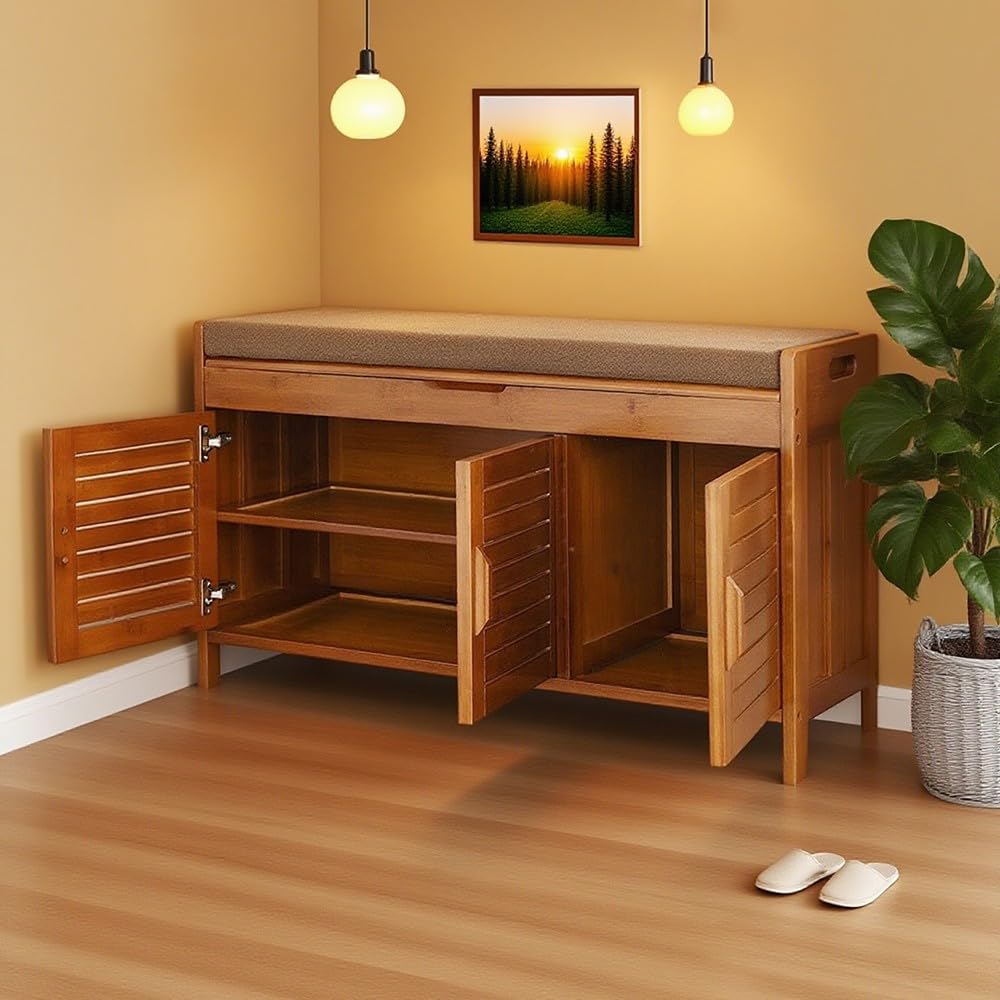 Banco Zapatero Entrada, 2 Estantes Armario Zapateros con Asientos Acolchado para Pasillo Recibidor Sala de Estar Dormitorio, Ahorro Espacio 90X50X32CM Fácil de Montar