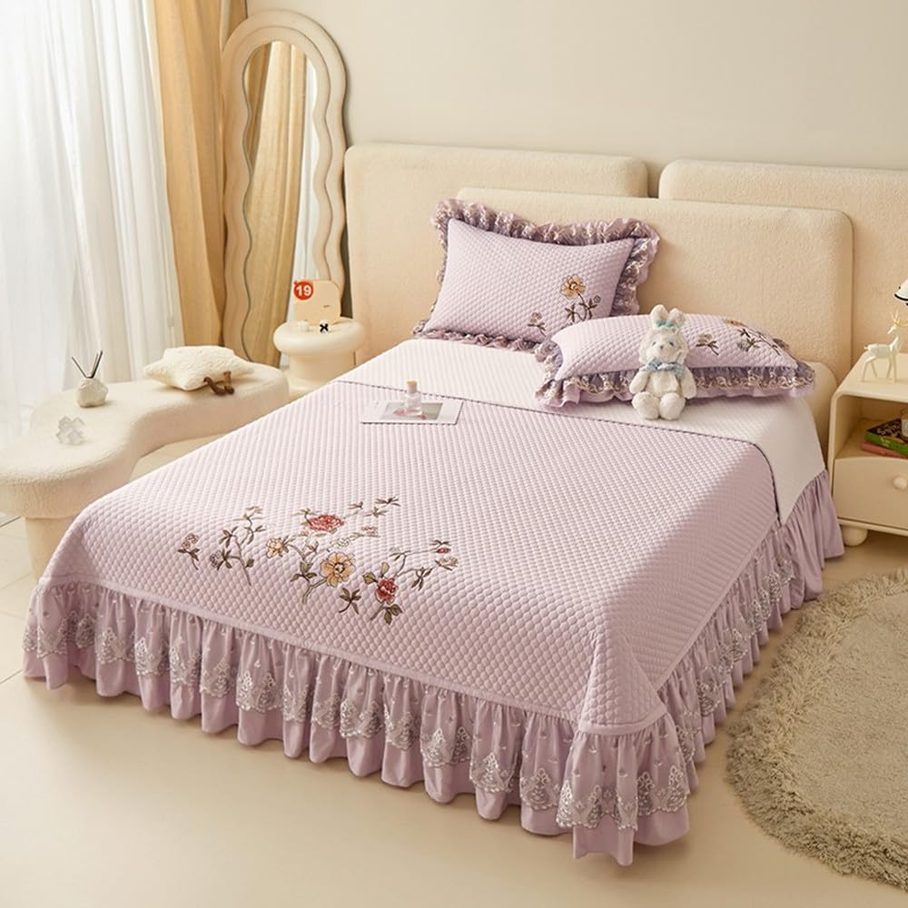 Juego de 3 colchas de Verano con Volantes Bordados y Elegantes, Ligeras y ultrasuaves, 1 Colcha Acolchada y 2 Fundas de Almohada, Color 4, 250 x 270 cm, 3 Unidades