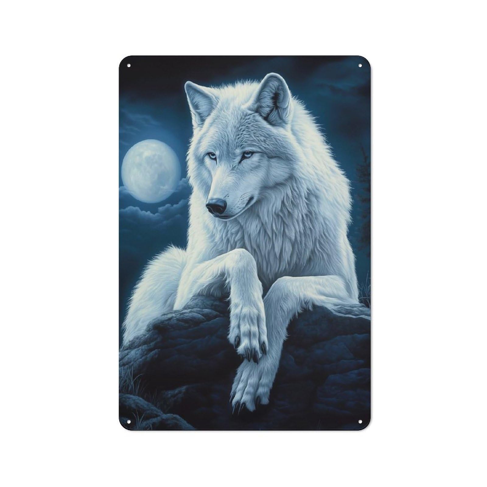 Vintage Tin Sign 30x20cm with White Wolf Under Moonlight for Home Bar Wall, Metal Sign Decor for Home Bars And Entertaining Spaces