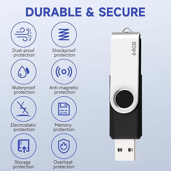 USB 64GB Memory Stick USB 3.0 Flash Drive 64GB Swivel Design Memory Sticks Fold Storage for PC, Tablet, Mac, MacBook Portable Pen Drive for Store 16,000 Songs/21,600 Photos/960 Minutes of Video
