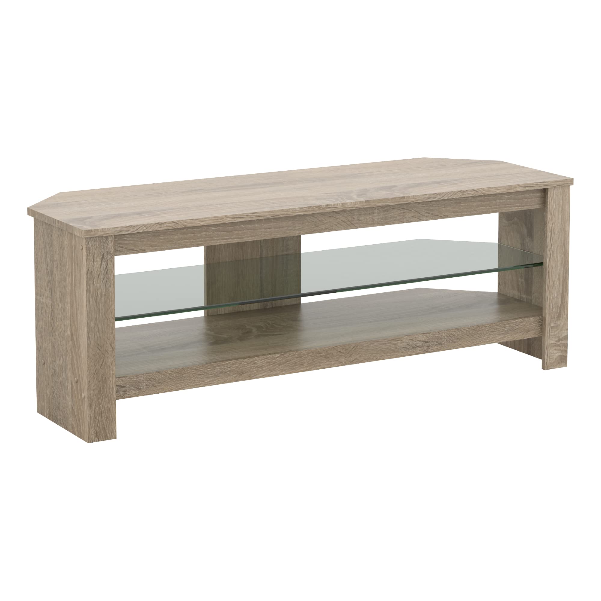 mahara Oak Corner TV Stand - Rustic Sawn Oak Effect TV unit for up to 55" with glass shelf - Max Weight 40Kg-TV Floorstand L115cm x D39.5cm x H41.4cm — image 1