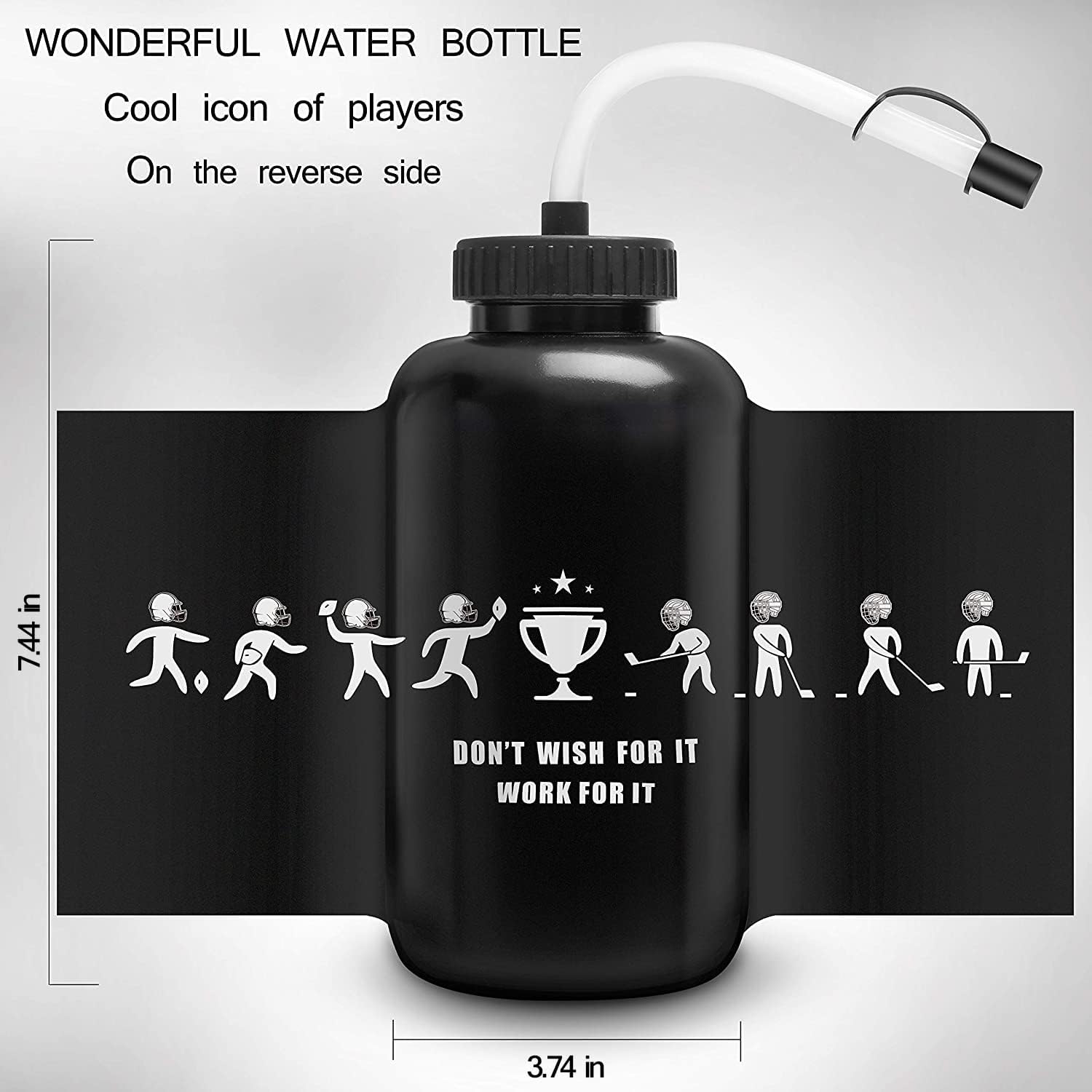 Hockey Water Bottles with Long Straw, Fit for Football Lacrosse Gym Sport, Plastic Squeezable Leakproof BPA Free, No Strange Smell, Easy to Clean, 1 Liter 32 oz (3 Straw Caps) (black) - Image 2