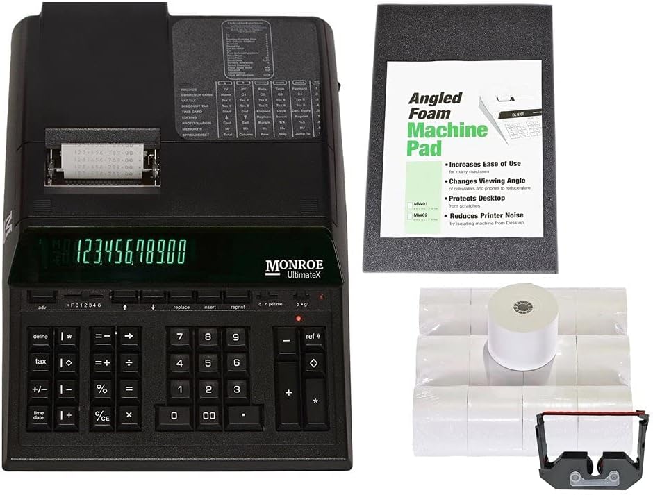 Monroe UltimateX Elite Printing Calculator/Adding Machine Bundle with Ribbons, Paper and Foam Calculator Stand