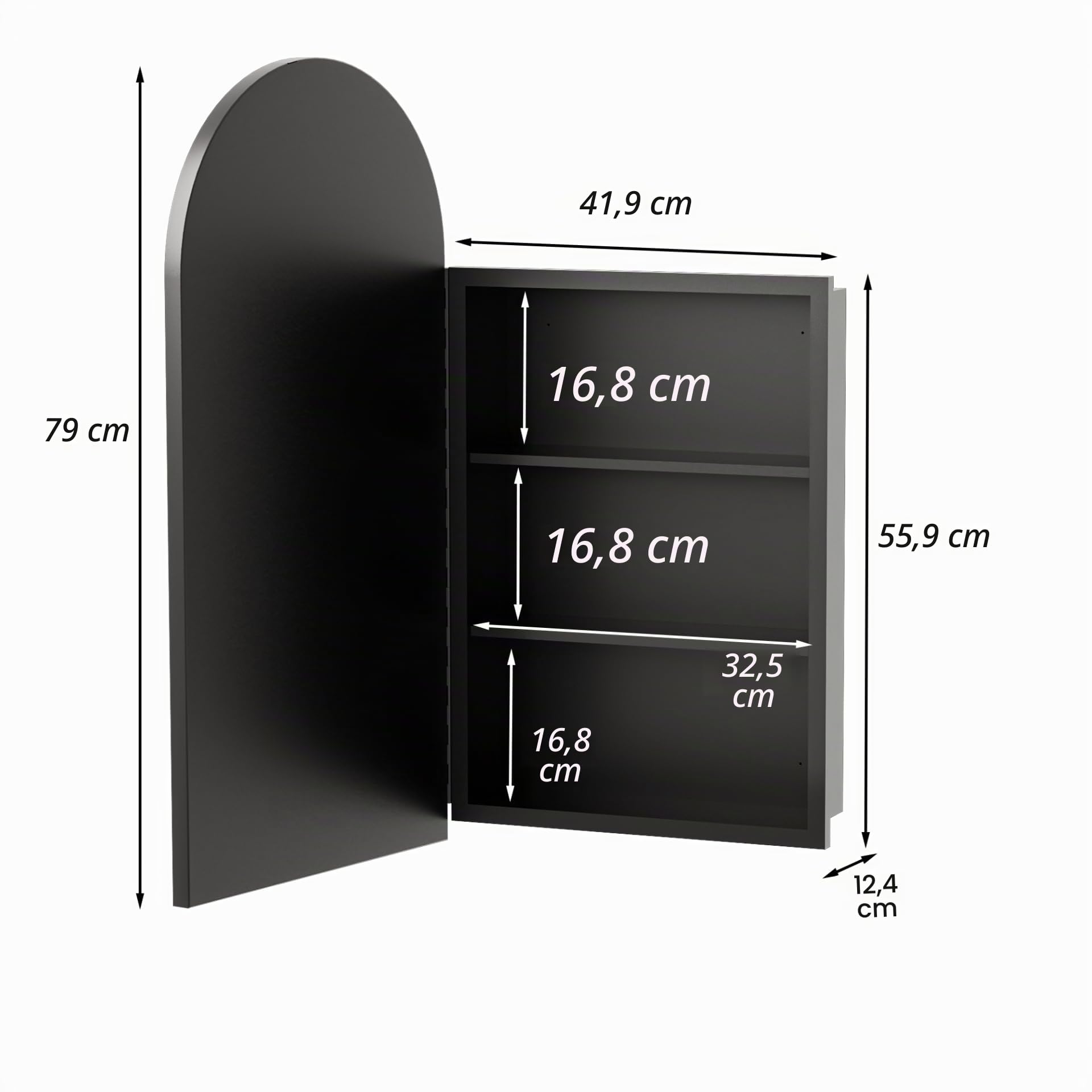 Armario Baño con Espejo LED iluminación y Función de Desempañado (No Requiere ensamblaje) Antivaho Arqueada Metal Armario de Pared Colgante con 2 Estanteria Negro 40x79x12.5 cm