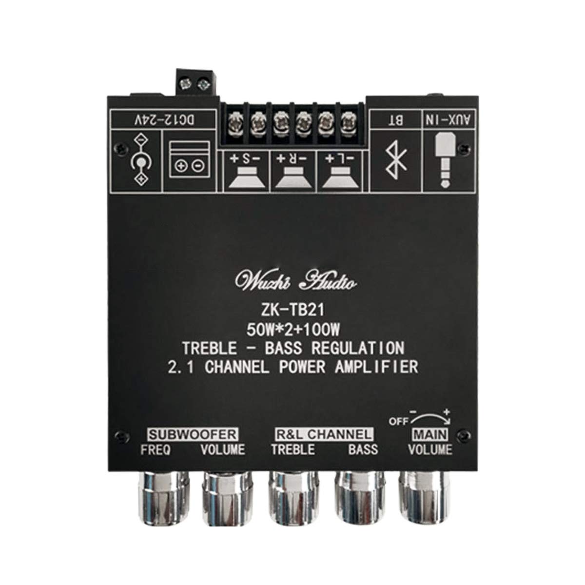 RUIZHI 2x50W + 100W Carte amplificateur de subwoofer 2.1 canaux avec contrôle des aigus et des basses, double puce TPA3116, entrées DC 12-24V, Bluetooth et AUX