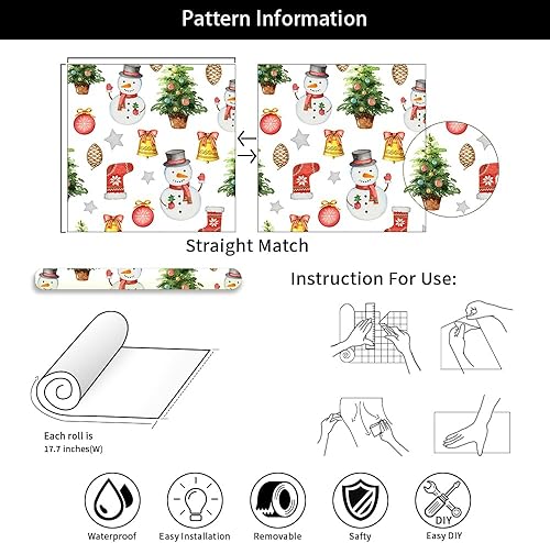 Miniatura 7 de Calcomanías autoadhesivas de 18 x 236 pulgadas, diseño de muñeco de nieve de Navidad, diseño de pino, despegar y pegar, papel tapiz extraíble para