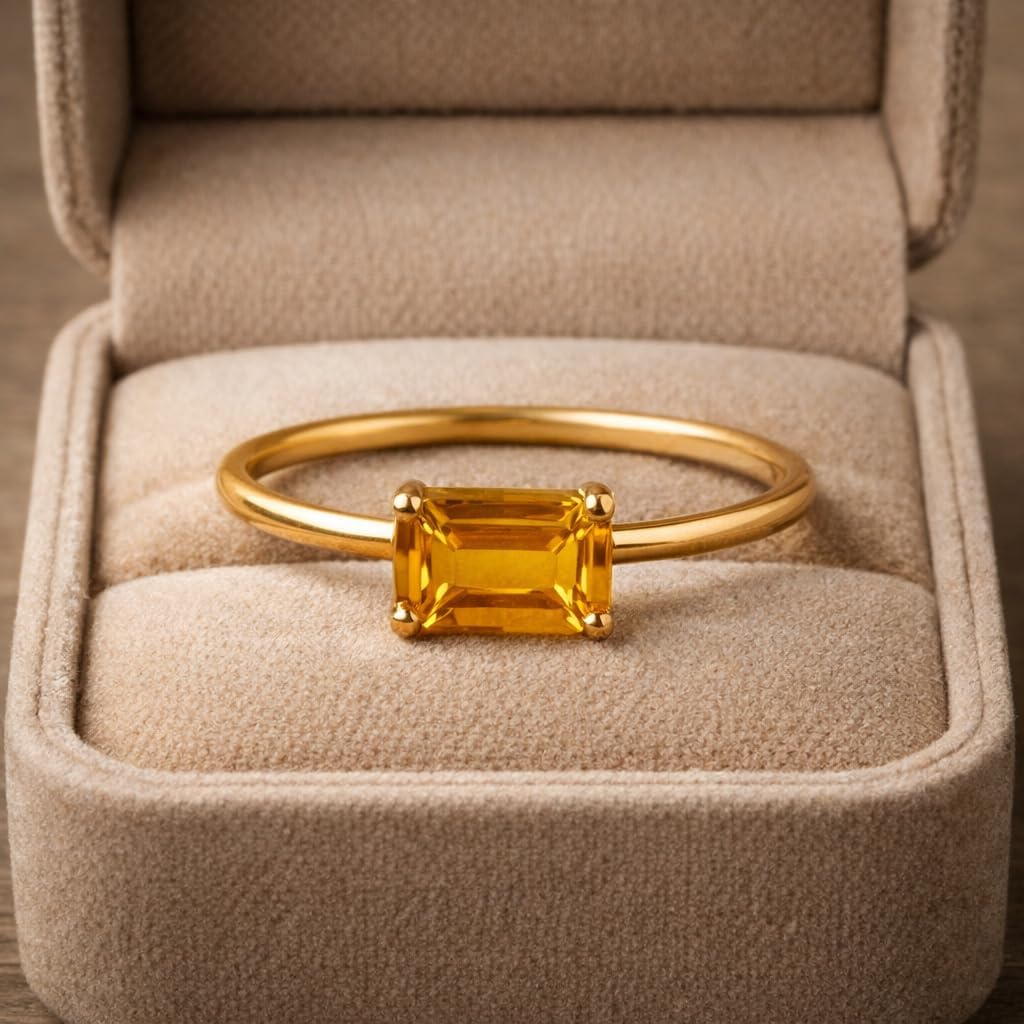 Emerald Cut Citrine Ring 14K Yellow Gold Minimalist Solitaire Engagement Ring Art Deco Alternative Fine Handmade Promise Jewelry Gift For Her