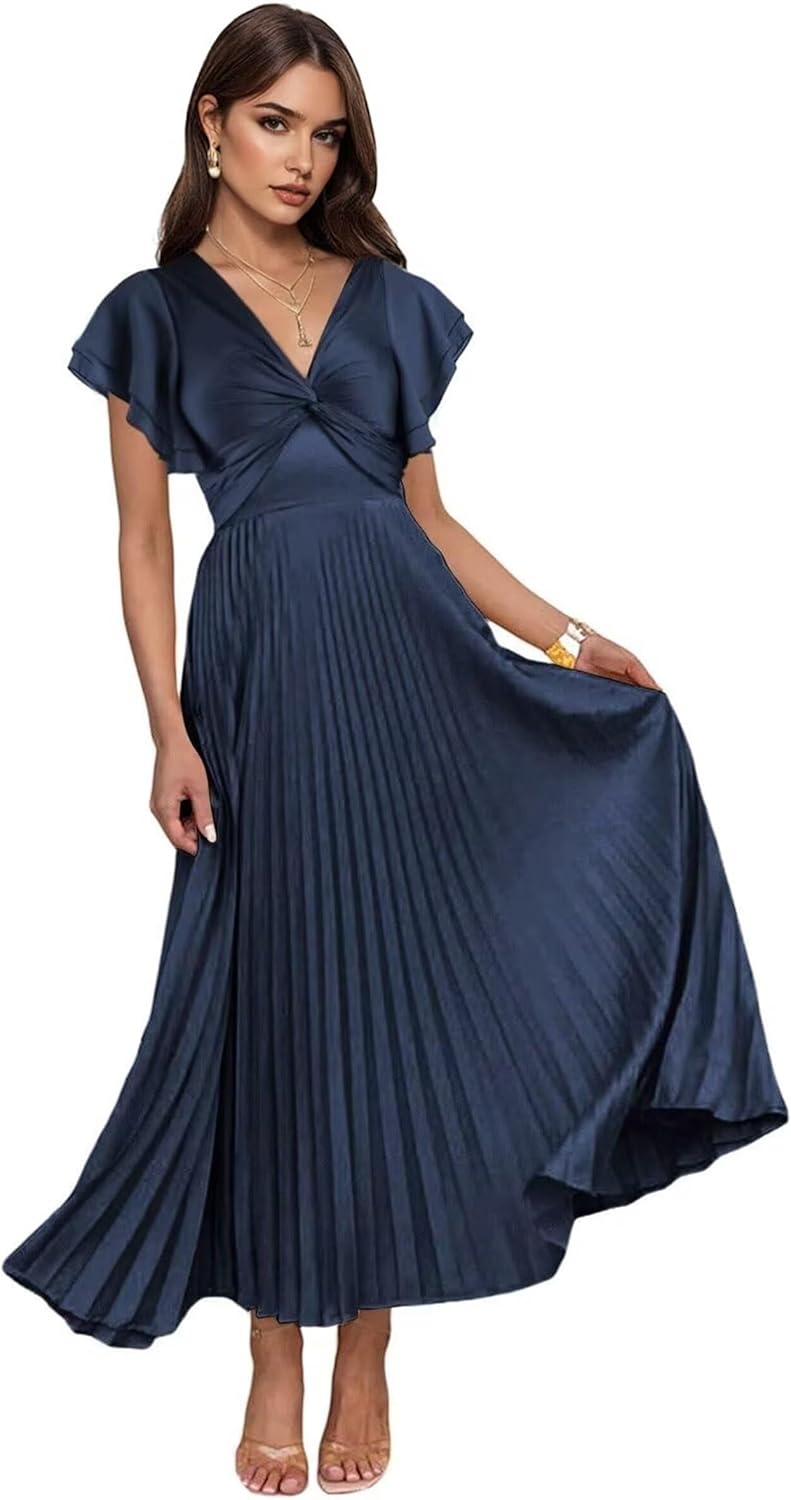 Satin Flutter Sleeve Bridesmaid Dresses for Women Pleated A Line Formal Evening Gown