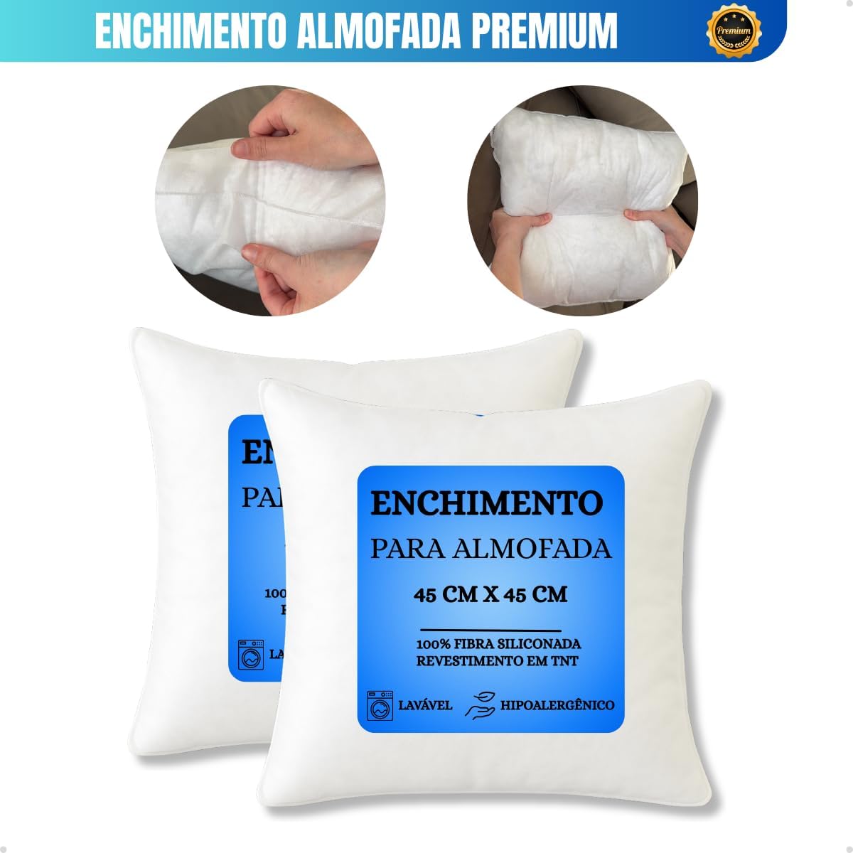 kit 2 Refil Enchimento Almofada 45x45cm Recheio Siliconada Quadrada Macia Confortável