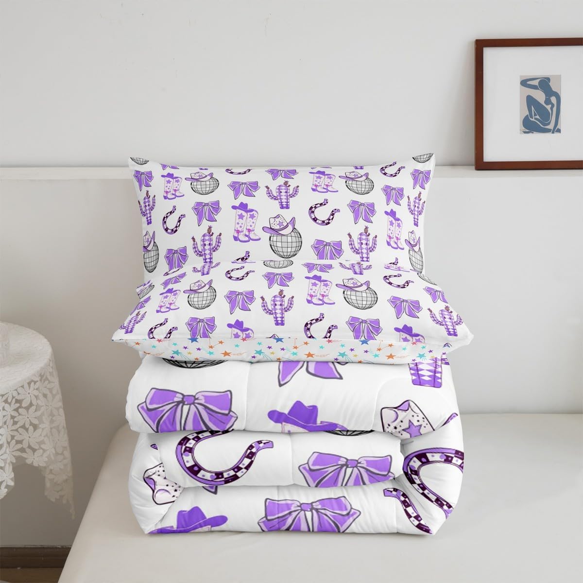 Feelyou Purple Western Comforter Set Toddler Size Wild West Cowboy Bedding Set for Boys Girls Children Rodeo Cowboy Style Duvet Quilt Room Decor Breathable Soft Microfiber All Season 2Pcs