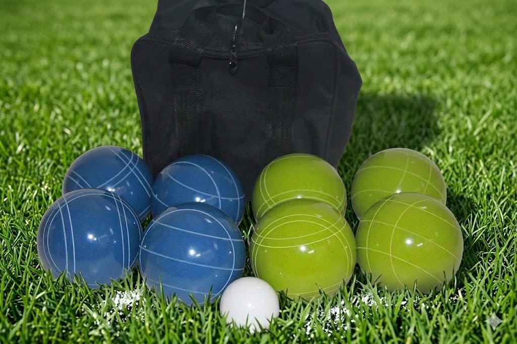 BuyBocceBalls Listing - Made in USA, Premium Quality Tournament Bocce Set - 110mm Blue and Green Balls, Nylon Black Bag, 998 Grams (2 lbs. 3.2 oz.). Various Bag Colors