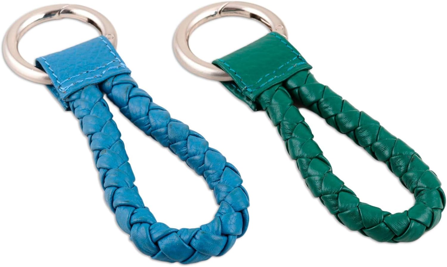 NOVICA Artisan Handmade Leather Key Fobs | Braided Blue and Green | India Accessories | Keychains and Straps | 'Trendy Duo' Pair | 5.25" H x 1.7" W x 0.4" D
