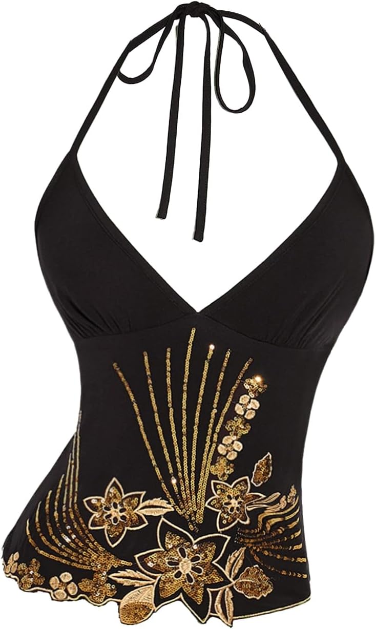 BEAUDRM Women's Gold Sequin Halter Tops Y2k Sparkly Floral Camisole Going Out Crop Tops Summer Outfits Party Clubwear