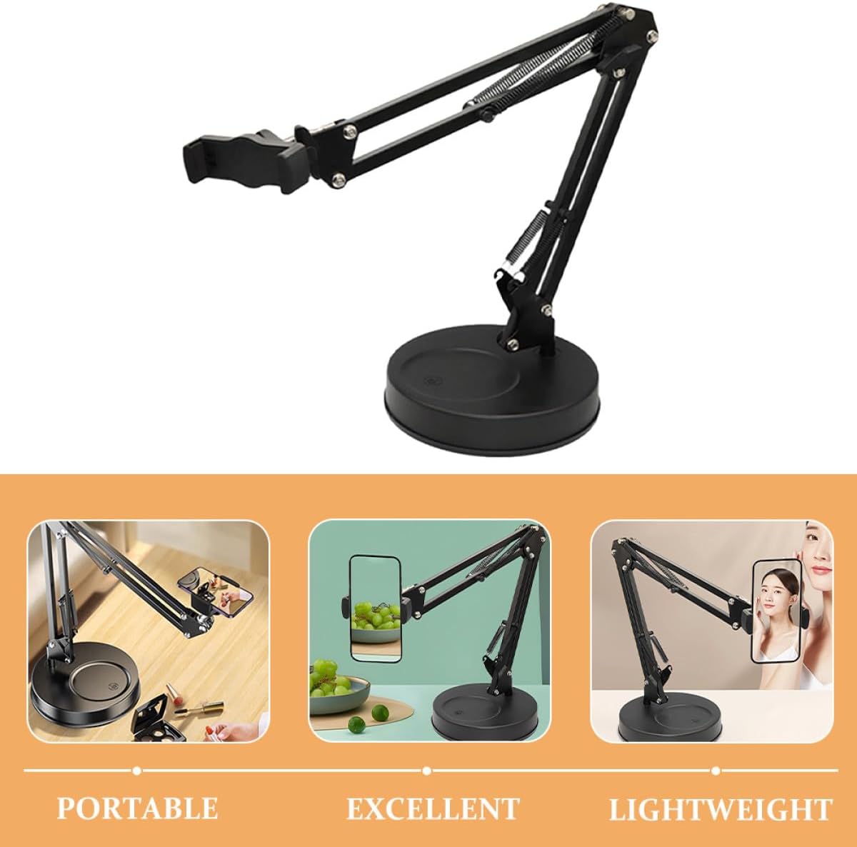 Adjustable Desk Phone Holder with Weighted Base for Live Streaming and Filming, Portable Black Mobile Phone Mount Compatible with Smartphones