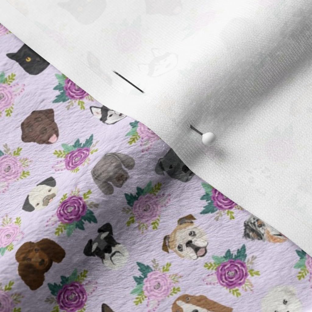 Spoonflower Fabric - Tiny Dogs Cats Heads Florals Pet Lover Pattern Purple Dog Flower Printed on Minky Fabric by The Yard - Sewing Baby Blankets Quilt Backing Plush