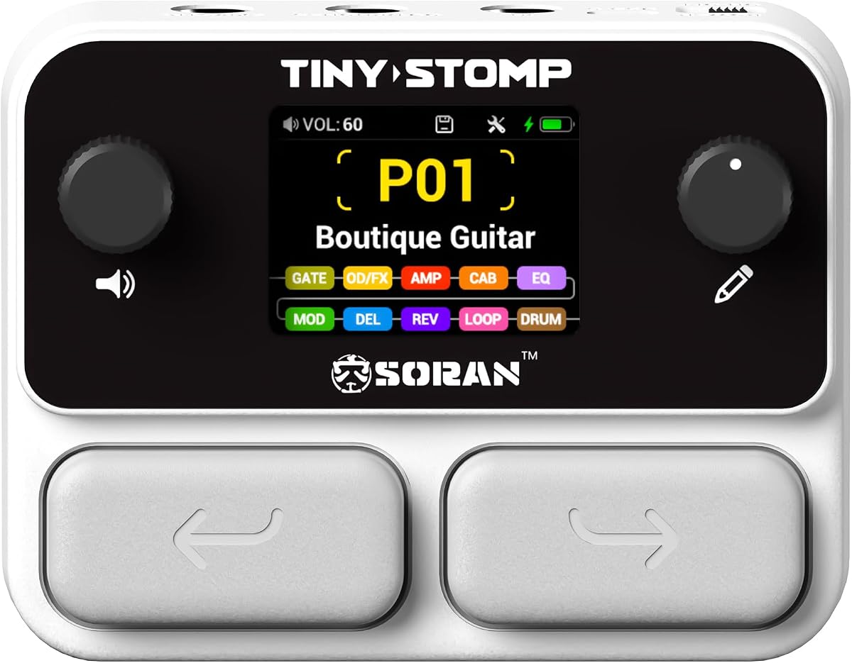 SORAN JME-03A Tiny Stomp Multi Effects Guitar Pedal, 125 Effects, 99 Presets, 10 Modules, 40s Looper, 100 Drum Rhythms, 20 IR/NAM Slots, USB Audio, Rechargeable Pocket Pedal for Guitar and Bass