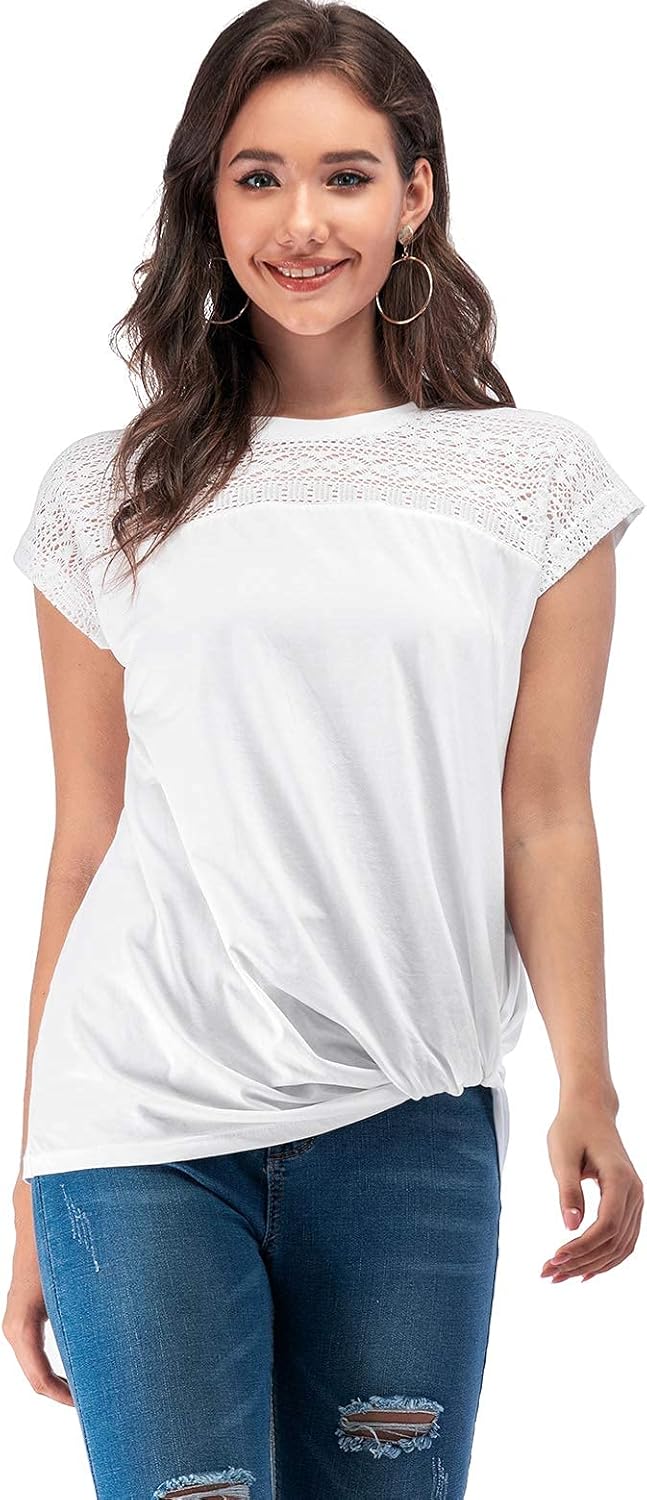 LUSMAY Womens Casual Short Sleeve Lace T Shirts Loose Twist Knot Front Blouse Tops - Image 3