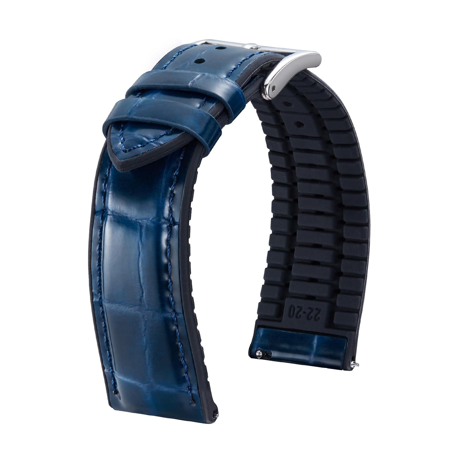 BINLUN Blue Crocodile Pattern Leather Watch Band 20mm Silicone Lined