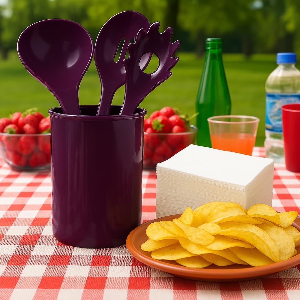 Reston Lloyd 6 Piece Kitchen Utensil Holder for kitchen counter, Utensils crock with Heat Resistant Spoon, Slotted Spoon, Ladle, Spatula BPA Free, Plum