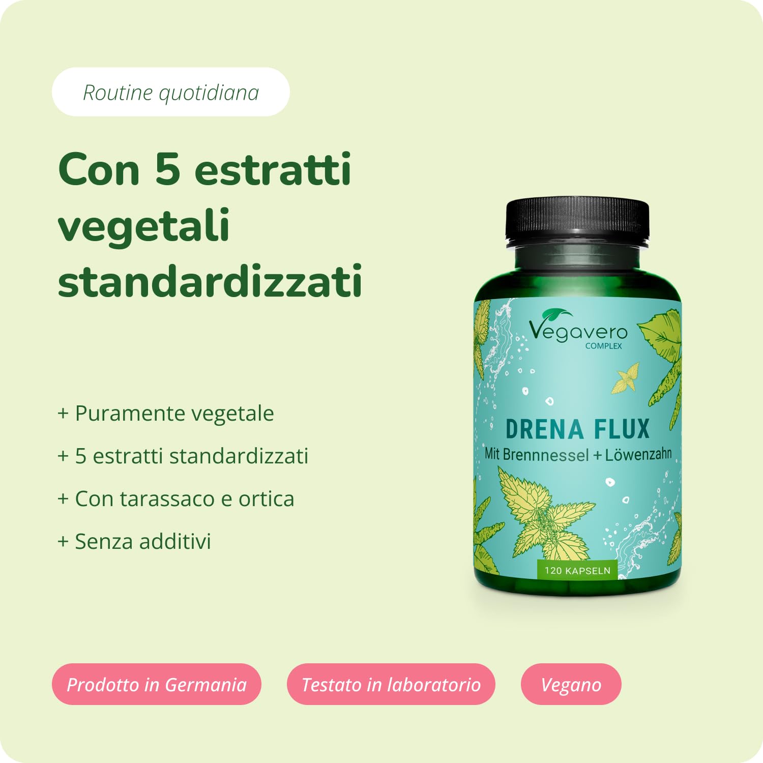 Vegavero DRENANTE Forte | con Pilosella, Tarassaco, Orthosiphon, Ortica e Betulla | 4 Mesi di Fornitura | Diuretico per Ritenzione Idrica Gambe | Natural Detox | Vegan