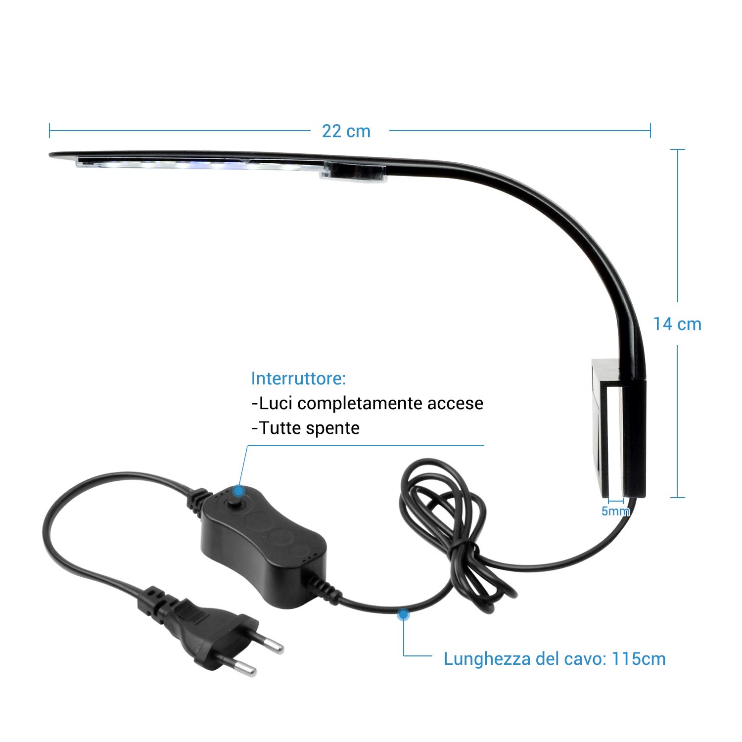 CJBIN Lampada LED Per Acquario - 24 LED Bianchi/Blu, 10W, Clip, Adattatore EU, Ultrasottile