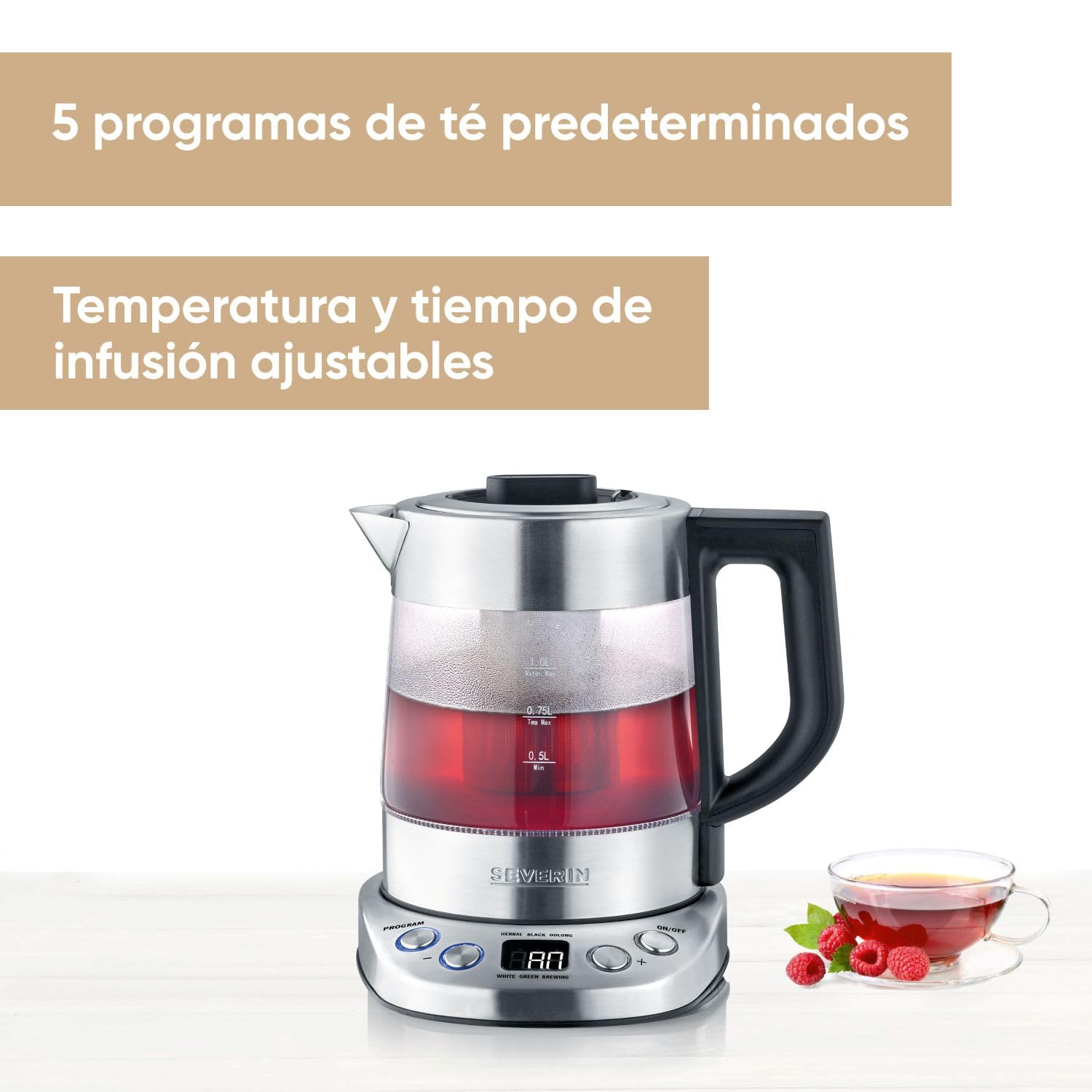 SEVERIN Tetera y hervidor de agua Deluxe Mini, tetera eléctrica de cristal para hasta 1,0 L, tetera pequeña con temperatura ajustable, color acero cepillado/negro, WK 3473