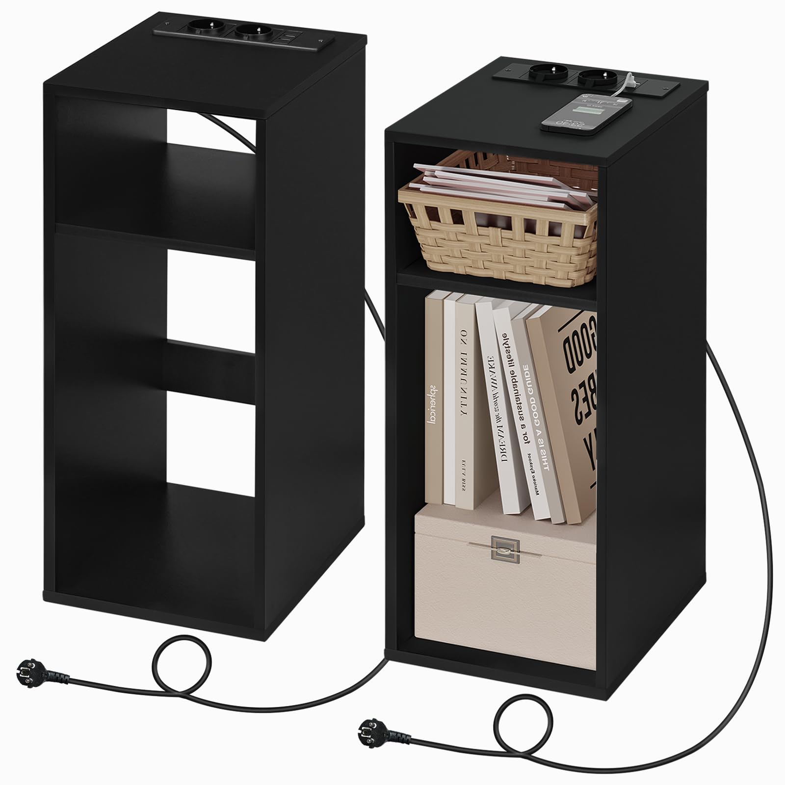 WOLTU 2er Set Nachttisch mit Ladefunktion, schmaler Kleiner Beistelltisch mit 2 Steckdosen 2 USB-Anschlüssen 2 offenen Fächer, 25x60x30 cm, für Schlafzimmer, Schwarz, NTS06sz-2