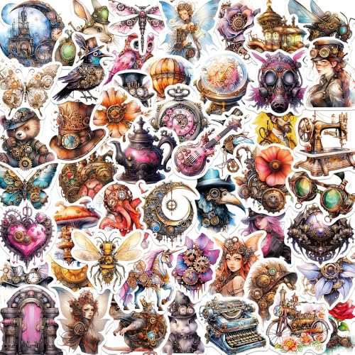50-Piece Steampunk Sticker Pack – Vintage Victorian Mechanical Art Stickers for Scrapbooks, Laptops, Journals, Mug, Water Bottles