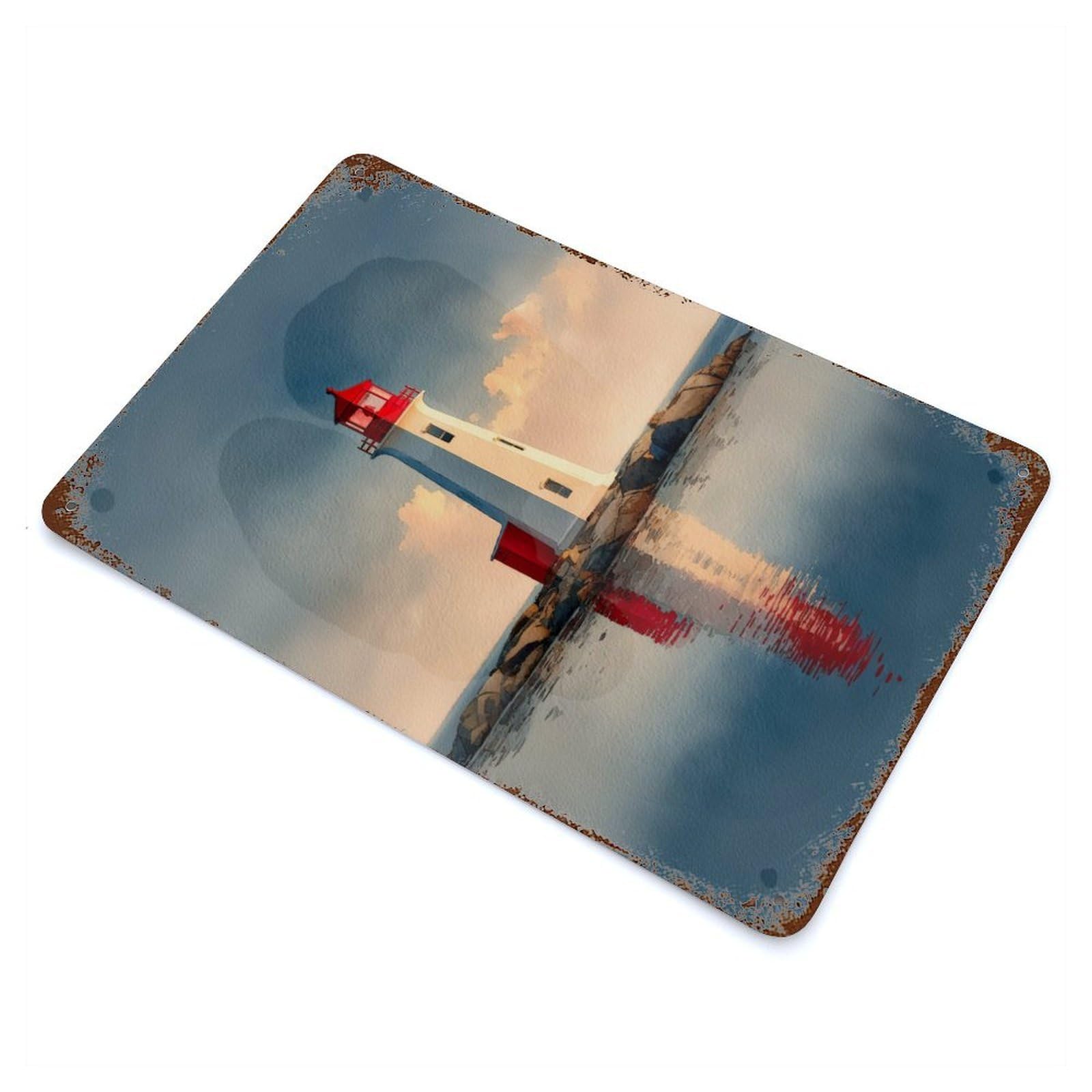 Rust Effect Lighthouse on Rocky Islet Reflected Lighthouse at Sunset Rusty Metal Tin Sign 11.8"x7.9", Farmhouse Wall Decor for Shed, Workshop And Garage Wall Decor