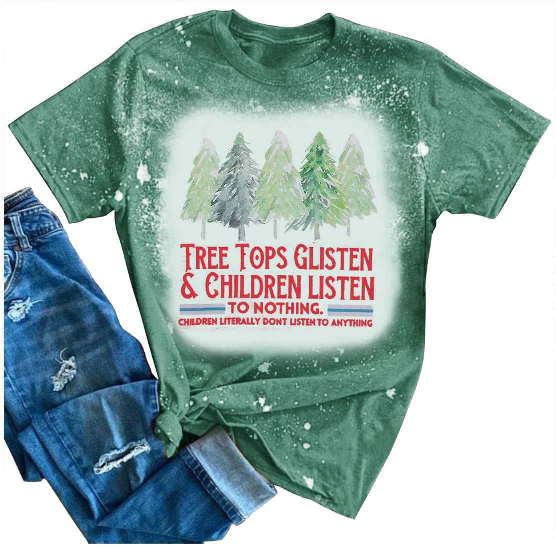 Teacher Christmas Shirt Women Tree Tops Glisten Children Listen Bleached Tee Cute Tree Graphic Teacher Gift Shirts