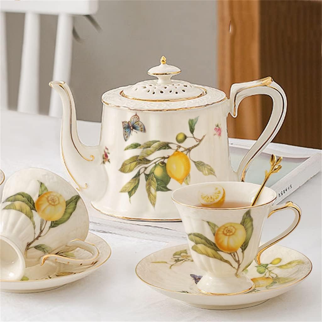 Bone China White Gold Lemon Teapot Coffee Cup Saucer Set Nordic Kitchen Drinkware for Birthday Wedding Tea Milk Water Mug(D)