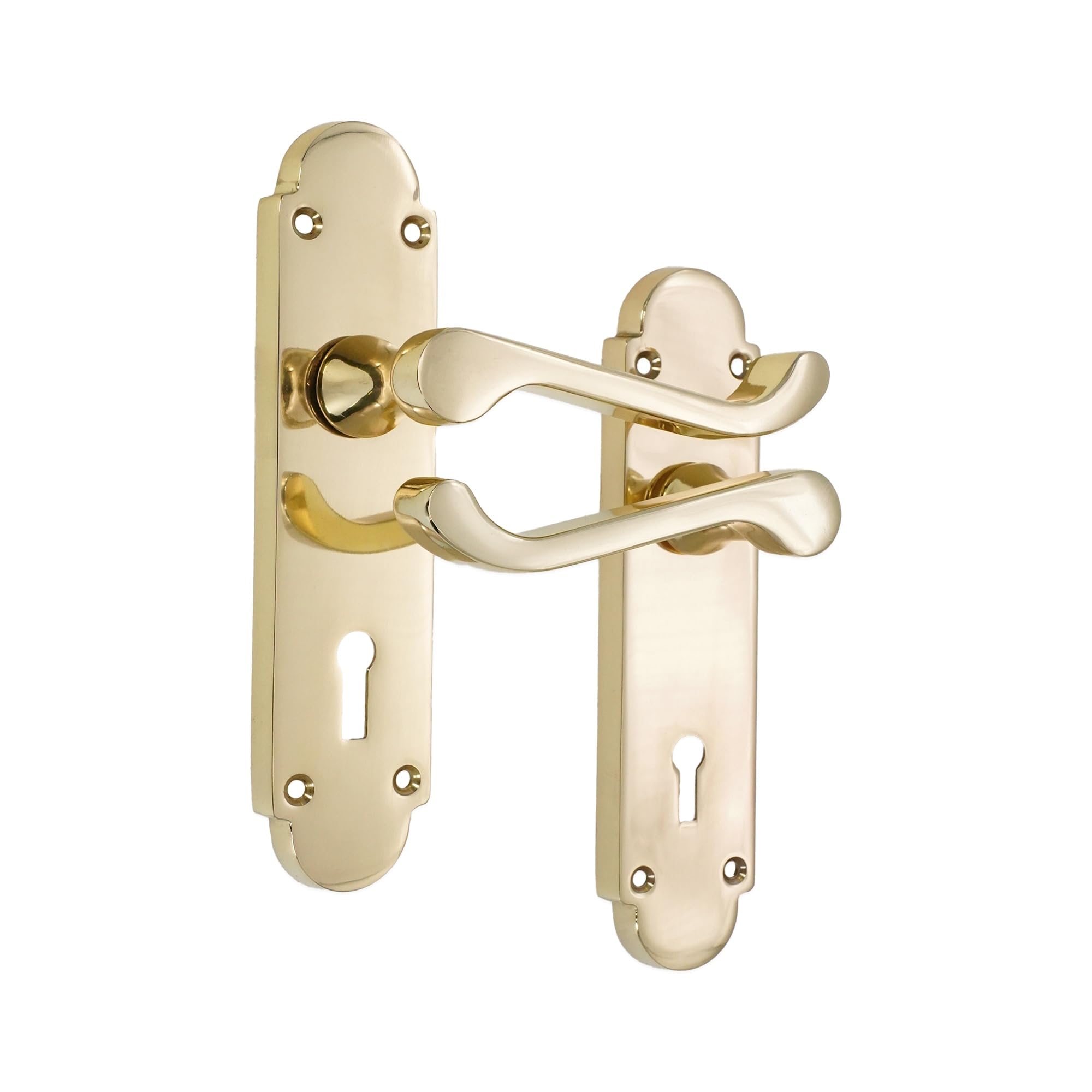 Infinity Decor Pair of Victorian Scroll Lever on Shaped Backplate Door Handle in Polished Brass Finish – Key Lock Handle Ideal for Interior and Exterior Doors