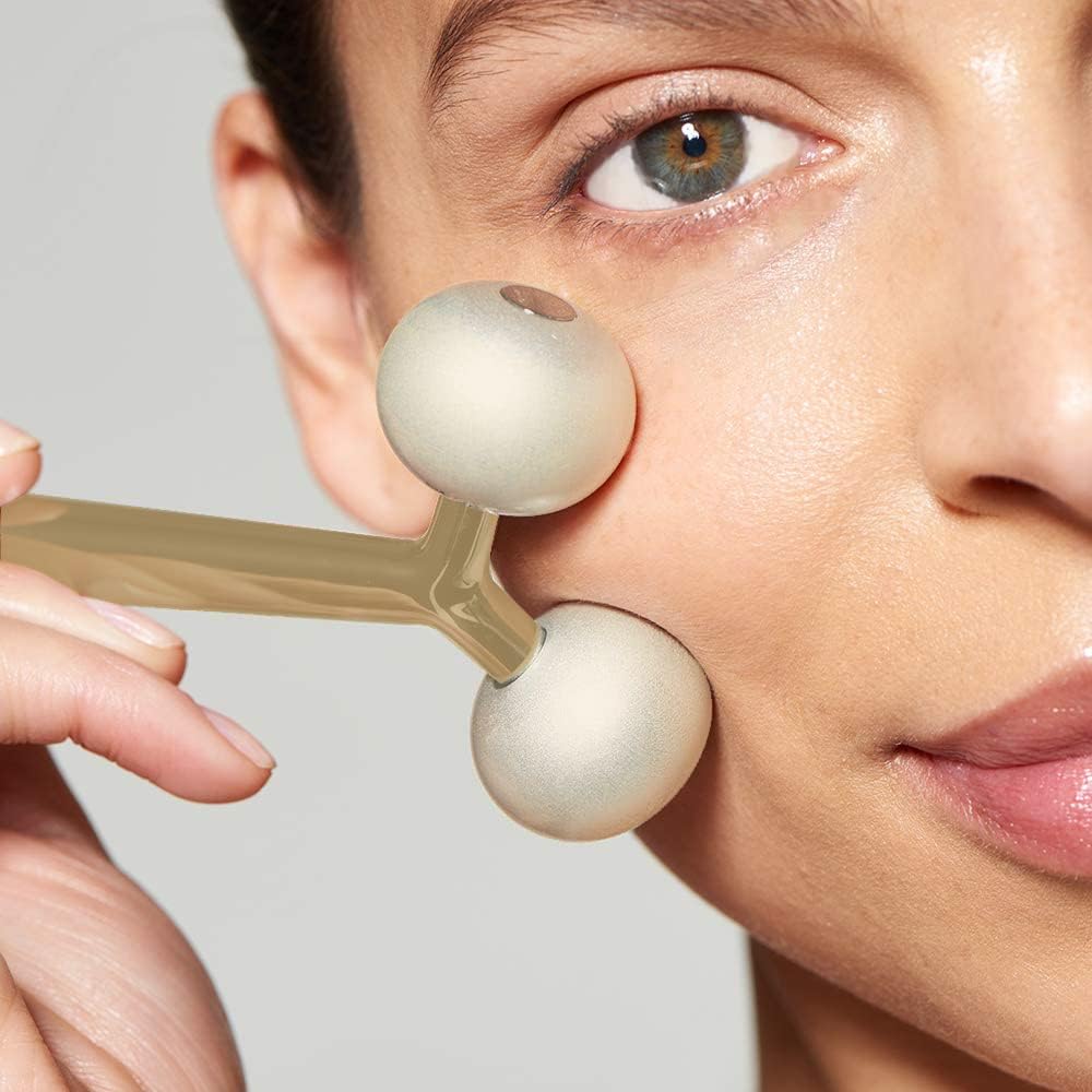 Facial Cooling Metal Gold Roller Massager, Contours Jawline, Promotes Lymphatic Drainage & Puffiness Reducer. Brighter, Smoother, Tighter Neck & Face Gym Exercise Anti-Aging, Not Jade.