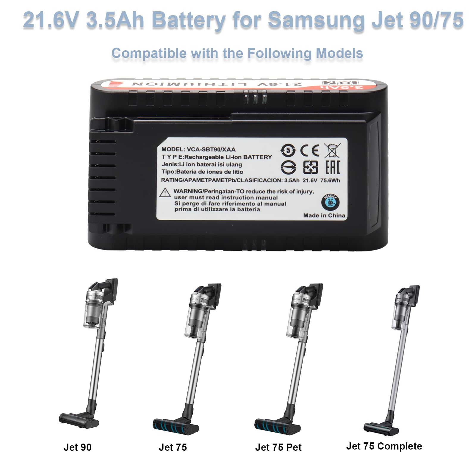 Batterie de Remplacement 21,6 V 3,5 Ah pour Samsung Jet 75, Jet 90 Series aspirateur Balai sans Fil, Batterie Li-ION Compatible avec Le modèle VCA-SBT90/XAA
