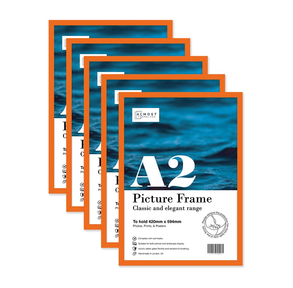 Almost Frameless Orange A2 Picture Frame Set Of 5, Display A2 Picture Gallery Wall, Poster, Photo, Artwork, Or Print,