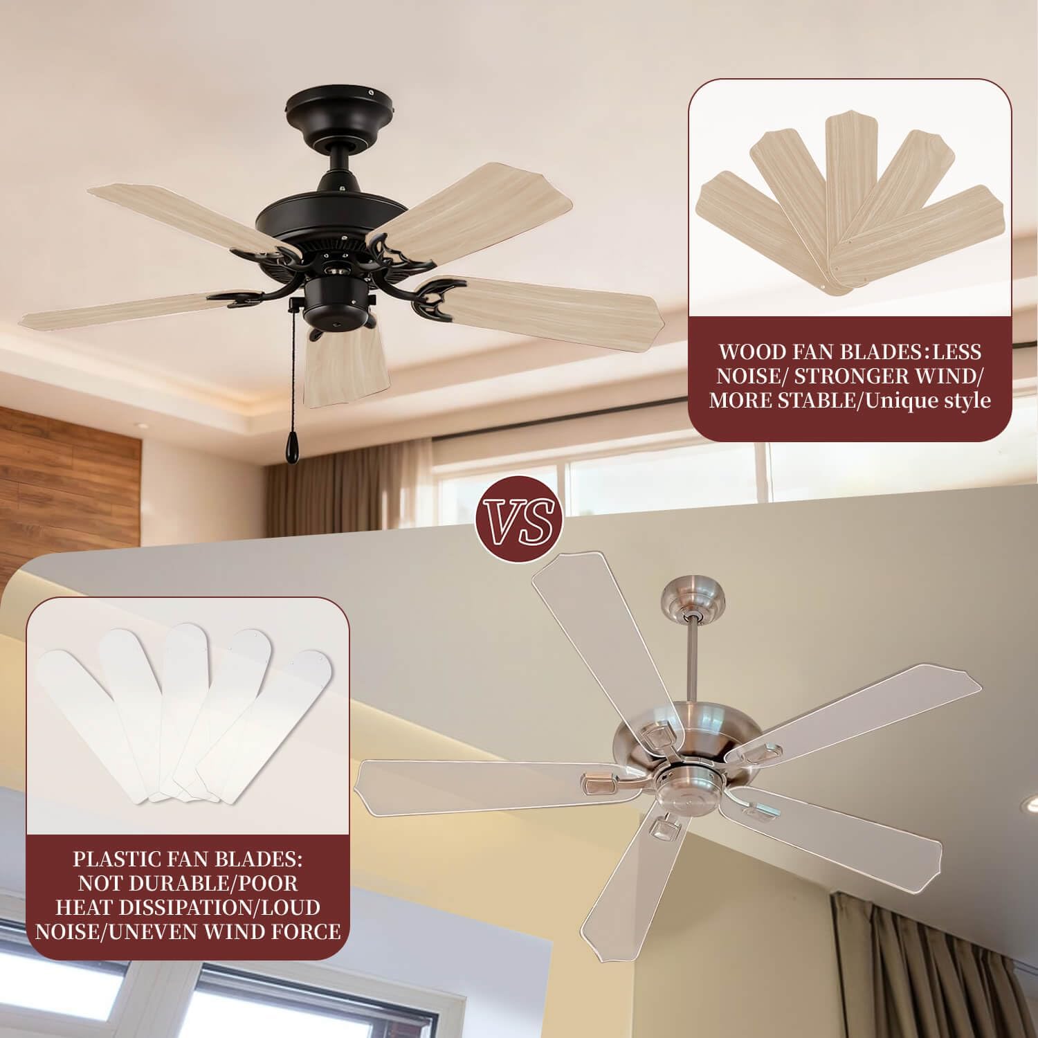 10 Pack White Walnut 52" Ceiling Fan Blades Replacement | Durable Universal Fan Blades, Pre-Drilled Holes, Classic Wooden Style, Indoor/Outdoor Use, Easy Installation