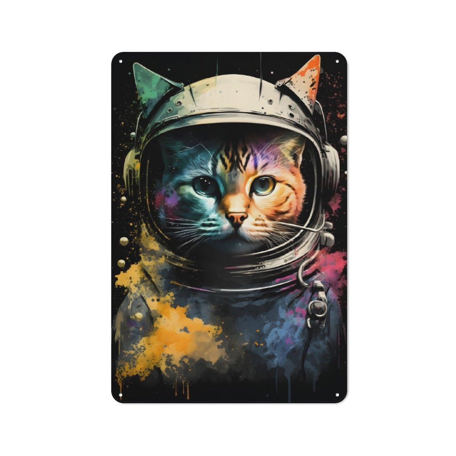 Cat Astronaut Painting Rustic Metal Plaque 30x20cm for Lounge Or Reading Corner, for Garage, Workshop And Man Cave Decoration