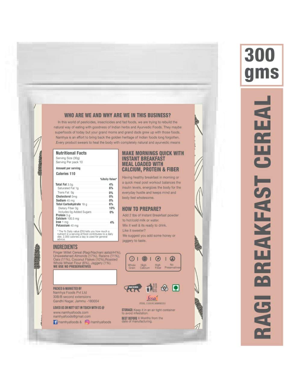 Namhya - Ragi Instant Breakfast Cereal - 300g (Pack of 1) - Boosts Energy, Aids Digestion, Rich in Calcium - Ragi, Almonds, Raisins - 100% Natural, No Preservatives - For Bone & Gut Health - Image 2 thumbnail