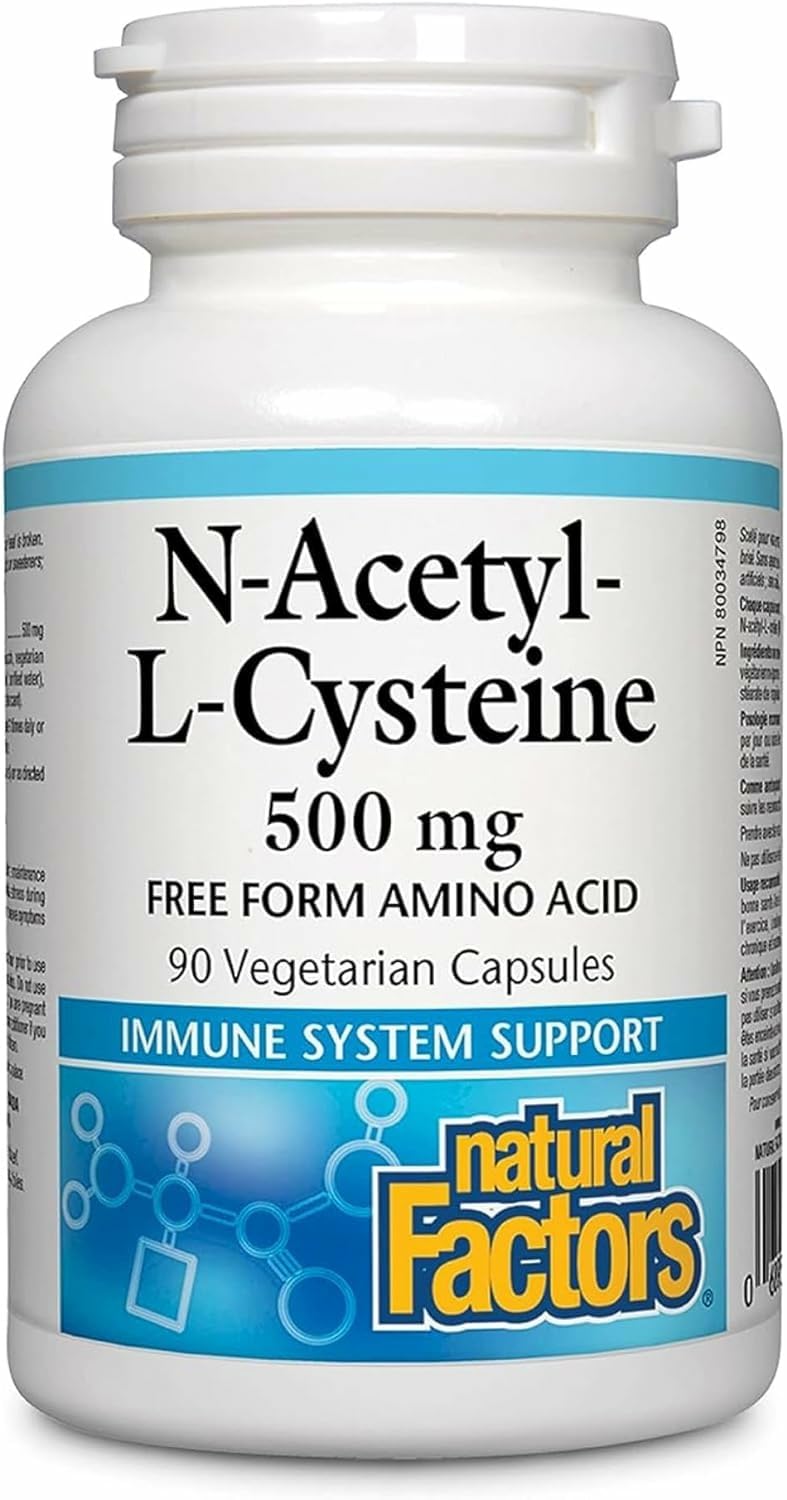 Natural FactorsN-Acetyl-L-Cysteine 500 mg - Supports Healthy Liver & Lungs - Antioxidant Support Supplement Supports Immune System Health - 90 Vegetarian Capsules (90 Servings)
